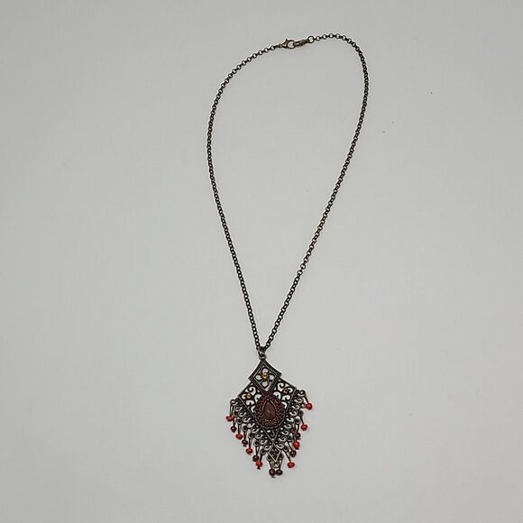 Brass Color Filigree Pendant Necklace 15" Boho Orange Red Details - Picture 2 of 3